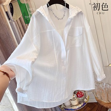 初色 法式純色肌理感蕾絲連帽單排釦長袖防曬上衣女上衣-白色-11892(M-2XL可選)