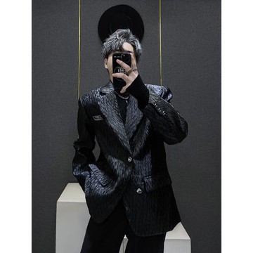 小眾設計感壓褶黑色小西裝男士秋季潮牌寬松炸街廓形西服外套高級