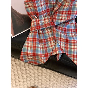 自留爆款推薦～辣妹風v領紅色格子背心女2026夏后背綁帶無袖襯衫