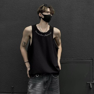 【二十三歲】臺灣出貨背心男夏季ins潮牌肌理紋繡花無袖t恤2025款冰絲速乾涼感坎肩汗衫