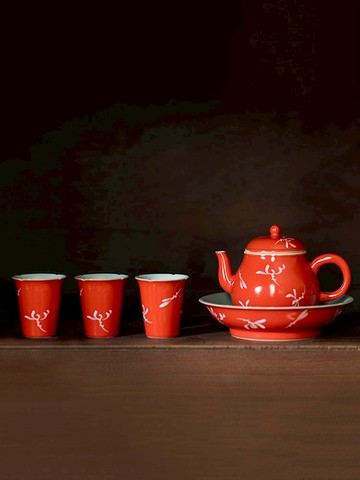 【優選百貨】功夫道手繪蘭花珊瑚紅陶瓷茶壺壺承功夫茶具紅釉梨壺中式泡茶壺