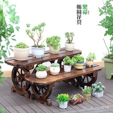精選優品免運陽臺實木質多肉花架室內客廳簡約闆凳花架戶外碳化防腐木車輪長椅花架置物架花盆架00