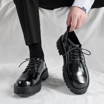 休閑皮鞋男夏季商務正裝透氣高級感英倫風方頭黑色厚底真皮大頭鞋