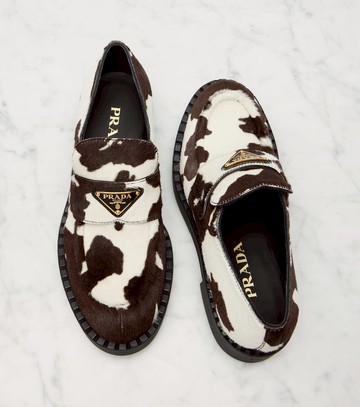 Prada Chocolate cow-print calf hair loafers