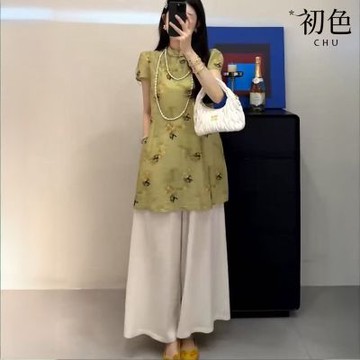 初色 新中式復古印花立領盤扣短款旗袍+鬆緊腰闊腿褲寬褲長褲套裝-共2色-13125(M-2XL可選)