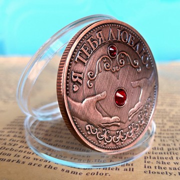 俄羅斯愛心鑲寶石紅古銅硬幣 定情紀念章表白銀幣禮品送女友禮物