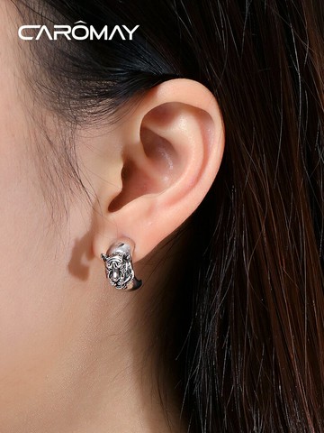 CAROMAY虎頭C字幾何耳釘簡約小巧個性氣質耳環小眾設計感高級耳飾