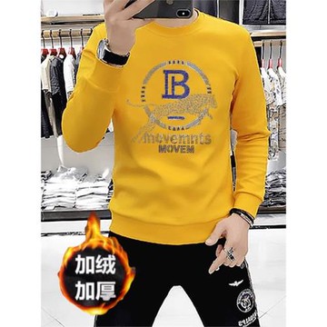 秋冬款2024新款歐貨加絨衛衣男潮牌燙鉆印花長袖冬季男裝套頭上衣