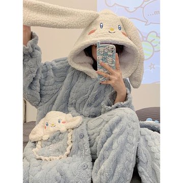秋冬季睡衣女2023年法蘭絨睡袍女加厚珊瑚絨卡通可愛款家居服套裝