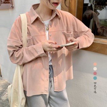 粉色襯衫女燈芯絨襯衣外套春秋韓版溫柔學院風小個子外穿寬松上衣