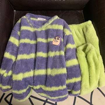 男士秋冬季珊瑚绒睡衣 青年圆领卡通情侣加厚保暖睡衣 女可外穿套装 男女家居服 加絨睡衣套装 情侣睡衣两件套 H