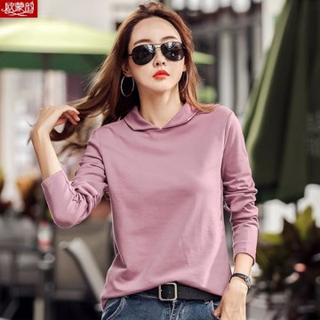 粉色長袖T恤女春秋薄款打底內搭帶polo領寬松體恤衫純棉上衣有領