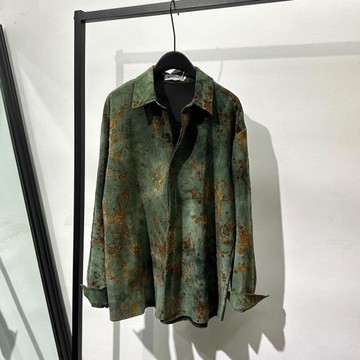 春秋設計感時髦復古印花寬松長袖襯衫潮流痞帥做舊絨面襯衣男女