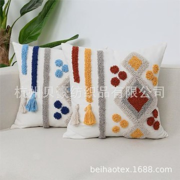 跨境北歐經典刺繡吊穗抱枕民宿裝飾幾何流蘇家居辦公室沙發靠墊套
