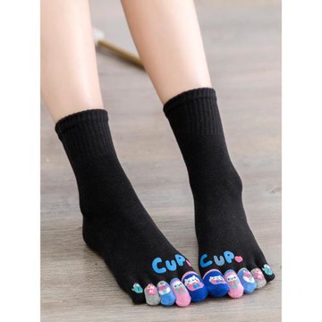 藍姿欣夏季薄款五指襪女士純棉短筒船襪可愛中筒日系卡通分腳趾