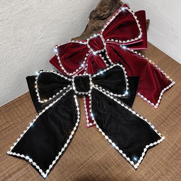 紅色大蝴蝶結發夾水鉆后腦勺絲絨頭飾帶鉆發卡女夏年新款網紅