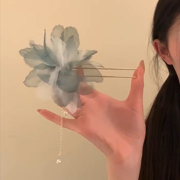 🎀免運🎀好像枯葉蝶~超仙復古雪紡花朵珍珠流蘇U形髮簪子氣質新中式盤髮釵髮簪 丸子頭 髮飾 復古 新中式 旗袍配件 盤