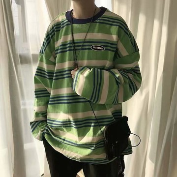 日系條紋衛衣男款春秋季新款潮牌百搭青少年寬鬆休閒長袖圓領外套