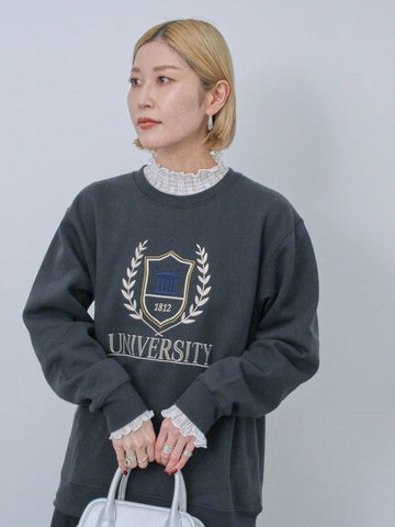 學運風圖案刺繡內刷毛大學T(0F000294310) - Samansa Mos2 blue