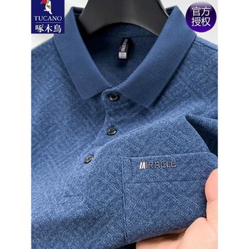 啄木鳥春秋季中年男裝純色真口袋長袖t恤爸爸上衣商務休閑POLO衫