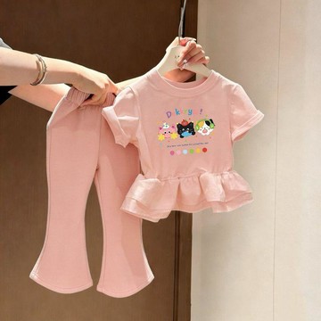🎀biubiu童裝🎀女童短袖套裝夏季新款卡通印花圓領洋氣打底衫寶寶休閒百搭九分褲