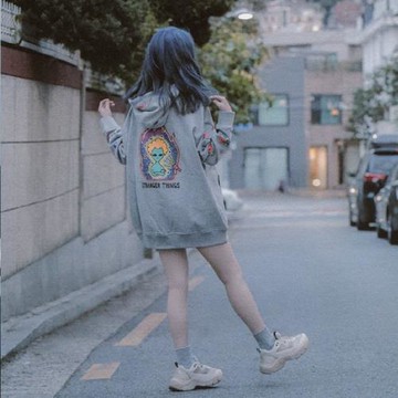 IU李知恩同款加絨加厚連帽衛衣情侶長袖印花刺繡寬松灰色棉外套