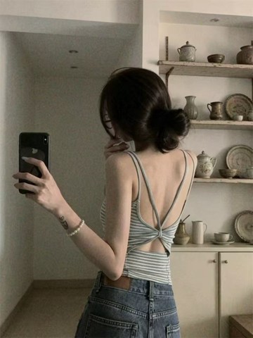 韓國條紋辣妹露背無袖吊帶背心女夏季修身顯瘦帶胸墊設計休閒上衣 YC129