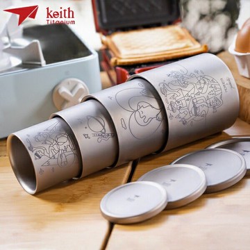 【Keith】Ti3502 純鈦雙層保溫杯 / 意大利插畫家聯名款 / 可疊式四件組 / 600ml(附鈦杯蓋)