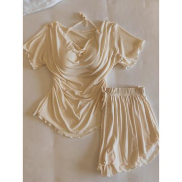 莫代爾睡衣女款春夏季短袖短褲兩件套薄款甜美純欲風帶胸墊家居服