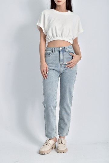 (S) 高腰丹寧牛仔質感棉質直筒淺藍色長褲