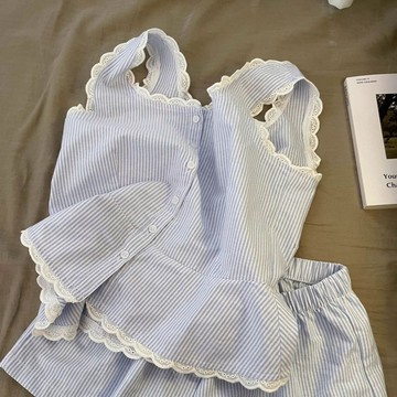 ins韓版條紋花邊領背心 居家服襯衫吊帶短褲家居服兩套裝 夏季新款睡衣女 居家服 背心睡衣套裝 兩件套睡衣