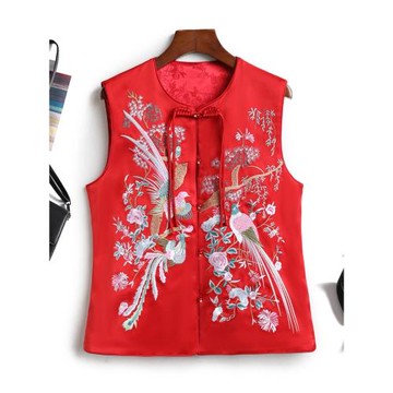 唐裝中國風女裝新中式盤扣圓領重工刺繡醋酸緞新年紅色馬甲上衣女