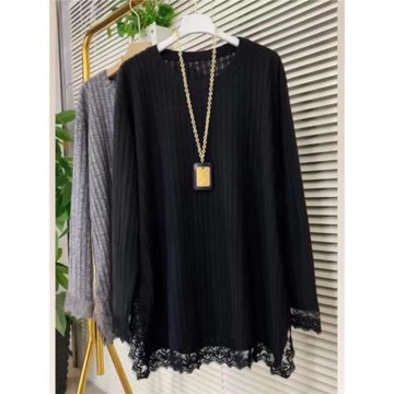 春秋款中長款時髦別致小眾純色加大碼女裝胖mm300斤圓領長袖T恤衫