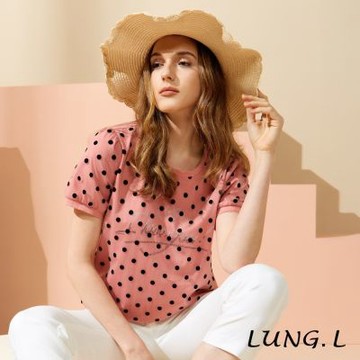 LUNG.L林佳樺 粉色波點透紗棉質短袖上衣 LU81A