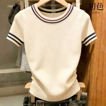 初色 韓版撞色線條圓領短袖針織打底上衣女上衣-米色-19179(F可選)