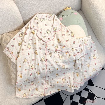 甜心小熊睡衣女夏季雲朵棉紗感短袖短褲少女可愛風薄款家居服套裝睡衣女寬鬆睡衣睡衣套裝家居服夏天睡衣