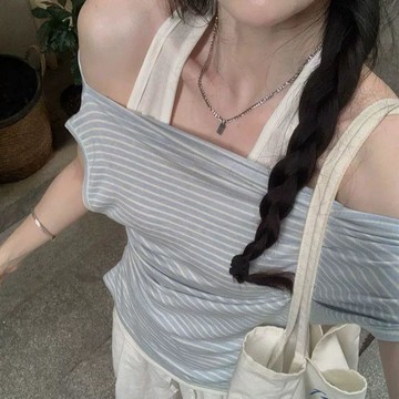 韓系假兩件短袖T恤女夏季原宿風穿搭條紋一字肩修身顯瘦掛脖上衣N  一字領 美式風 斜肩