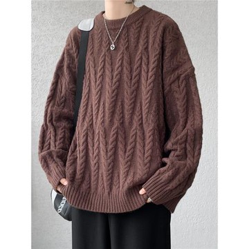 ins麻花紋理感套頭毛衣男秋冬季加肥加大碼潮胖人寬松痞帥針織衫