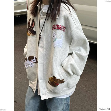 秋冬季美式慵懶復古刺繡衛衣棒球服情侶chic百搭休閒寬鬆開衫外套