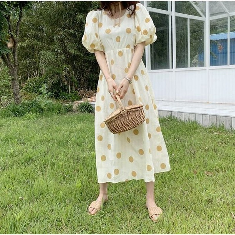 レディース ワンピース 春 夏 半袖 バックリボンドットワンピース バックリボン バックシャン ドット レトロ クラシカル ロング丈 フェミニン ガーリー 通販 Lineポイント最大get Lineショッピング