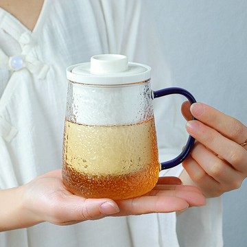 玻璃杯男女家用茶水分離泡花茶杯辦公室高檔錘紋陶瓷茶杯加厚帶蓋