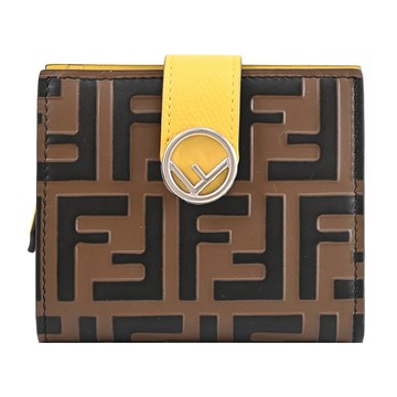 FENDI 8M0386 品牌FF LOGO撞色款壓扣零錢短夾.深咖/黃