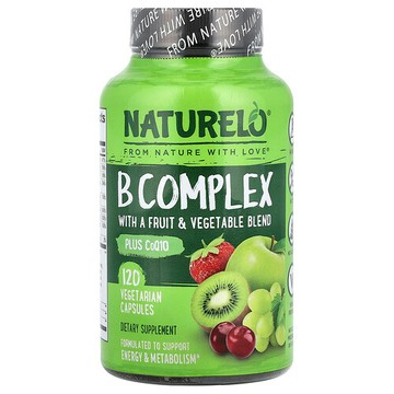 NATURELO, 維生素 B 群複合物，含果蔬混合物 + 輔酶 Q10，120 粒素食膠囊
