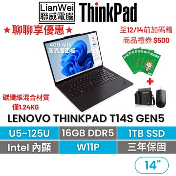 Lenovo 聯想 ThinkPad T14s 14吋AI PC輕薄筆電 U5-125U/16G/1T/W11P/三年保