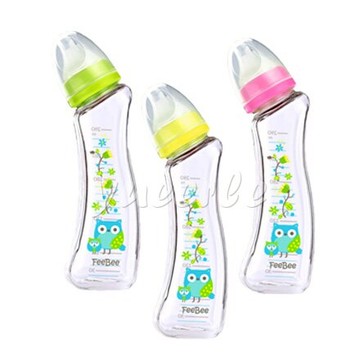 BabyHouse 愛兒房 FeeBee 彎角玻璃奶瓶240ml-親子貓頭鷹(顏色隨機)【悅兒園婦幼生活館】