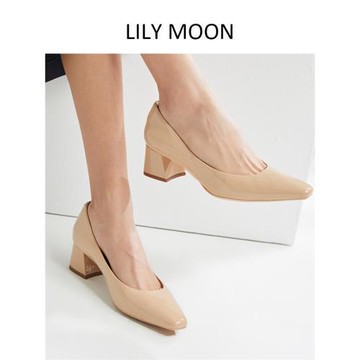 (免運)LILYMOON真皮亮面粗跟方頭運動鞋墊舒適高跟鞋淺口單鞋女通勤女鞋