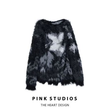 蝴蝶提花撞色仿貂毛毛衣女秋冬復古慵懶風寬松套頭軟糯露肩針織衫