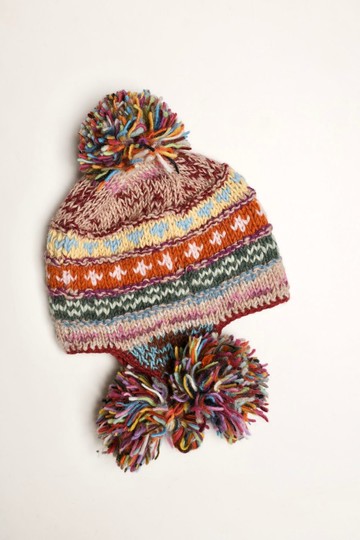 民族風黃粉三球辮子帽純羊毛線手工編織全襯防風毛帽子護耳帽保暖