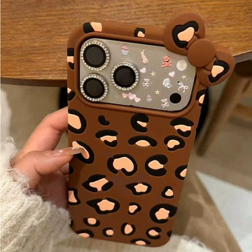 ins日韓 歐美系 酷辣少女 棕色豹紋 立體蝴蝶結 iPhone 17 16  Pro max 防摔手機殼 毛絨鈴鐺掛繩