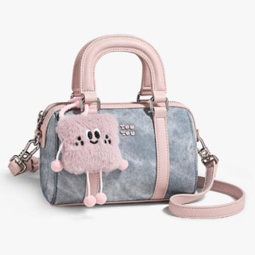 Jpqueen 甜美仿牛仔波士頓保齡球枕頭手提肩背包(粉藍色)